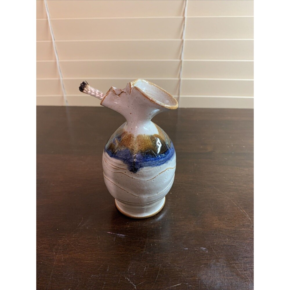 Vintage Oil Rope Wick Candle Stone Pottery  Signed By Artist 6”